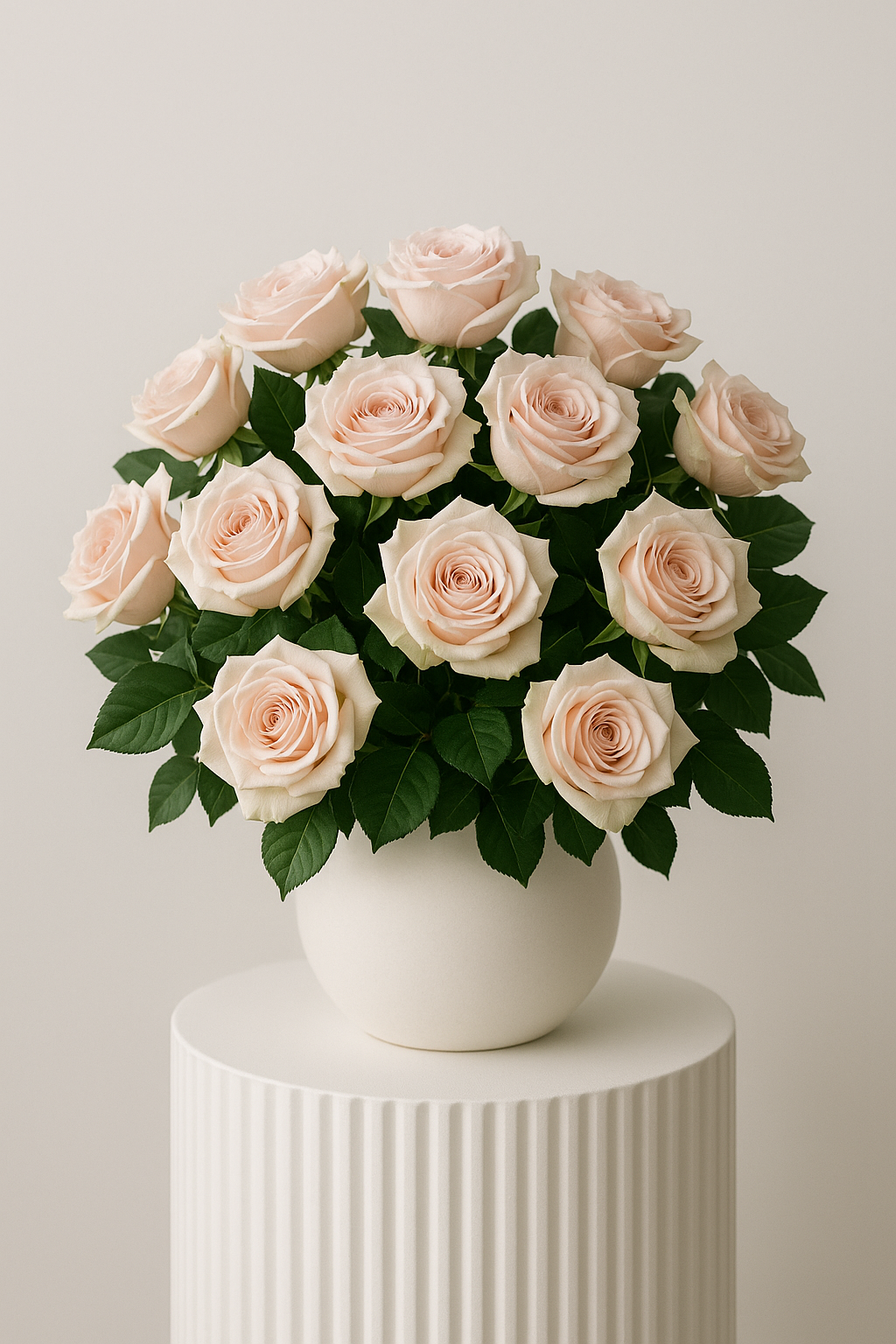 Product-only, straight-on angle in a white cylindrical vase on a modern pedestal (Minimalist/Editorial Style)