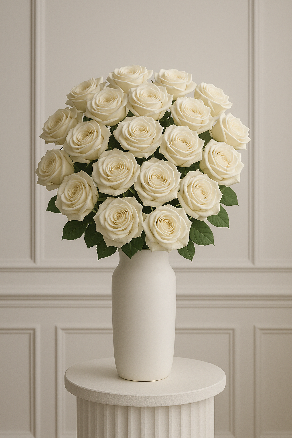 Lifestyle – bouquet on fluted pedestal in bright, minimal setting