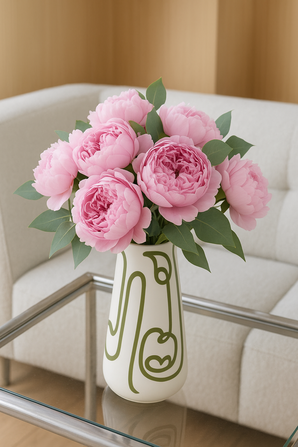 Lifestyle shot on a glass table in a cozy, modern living room (natural lighting).