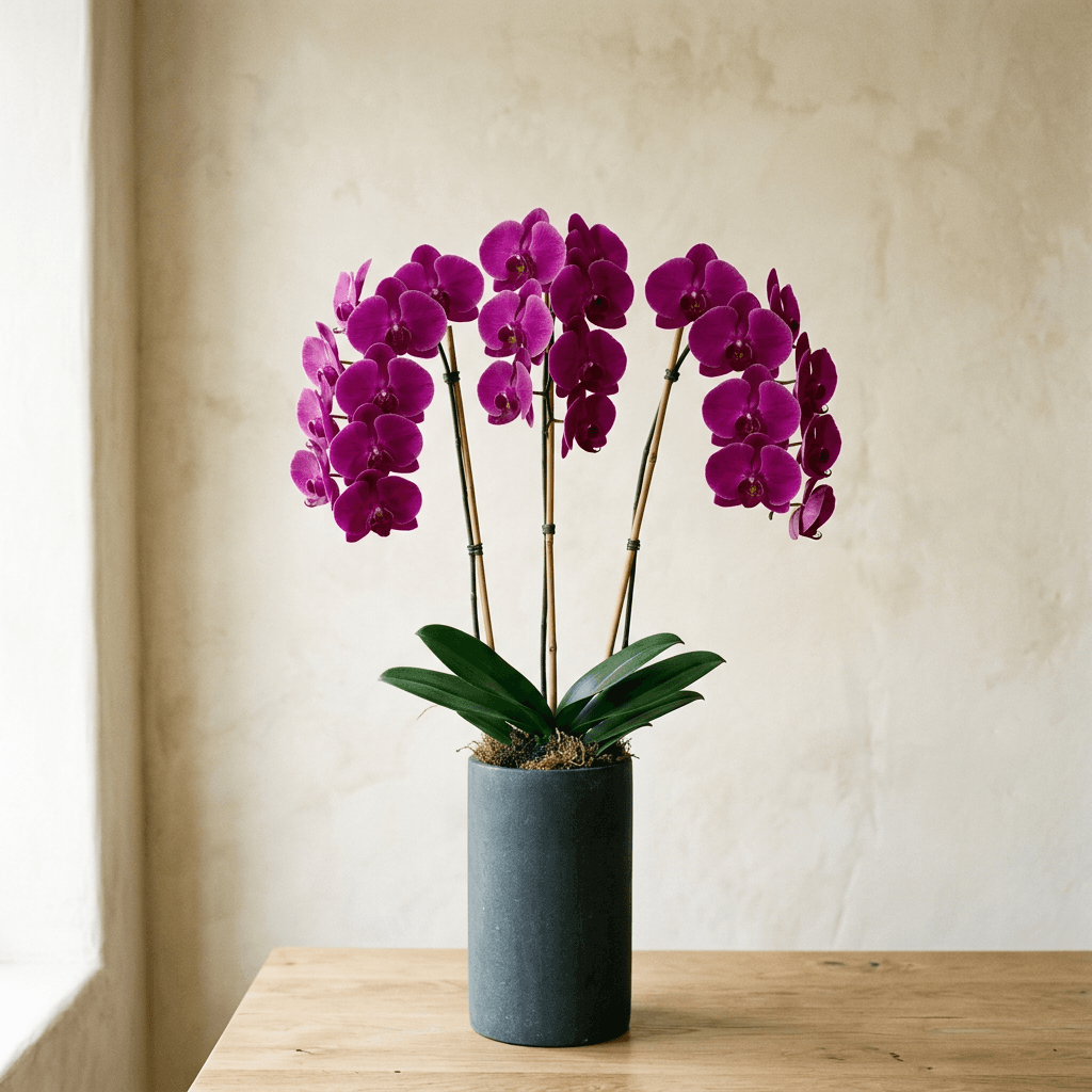 Three tall stems of deep magenta phalaenopsis orchids in a slim charcoal stone cylinder planter