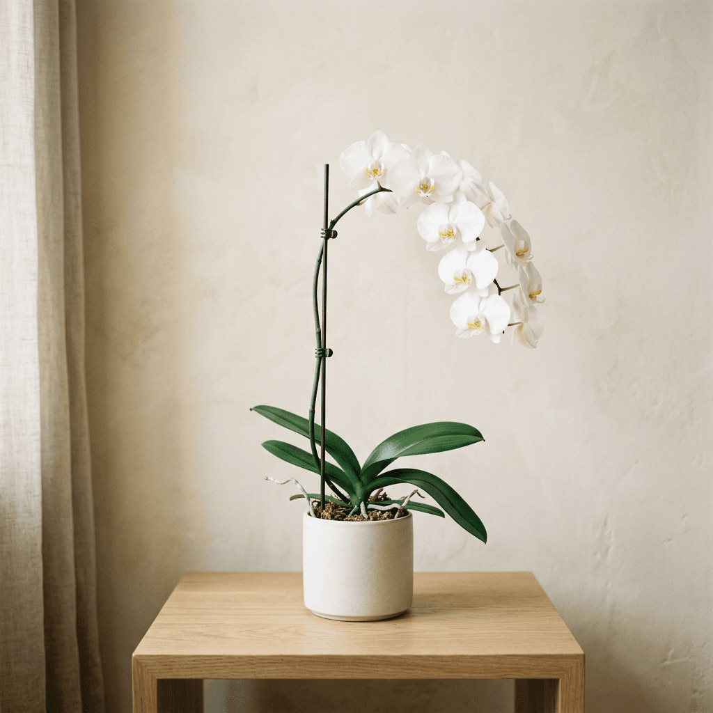 A single white phalaenopsis orchid on one arching stem in a small matte off-white ceramic pot