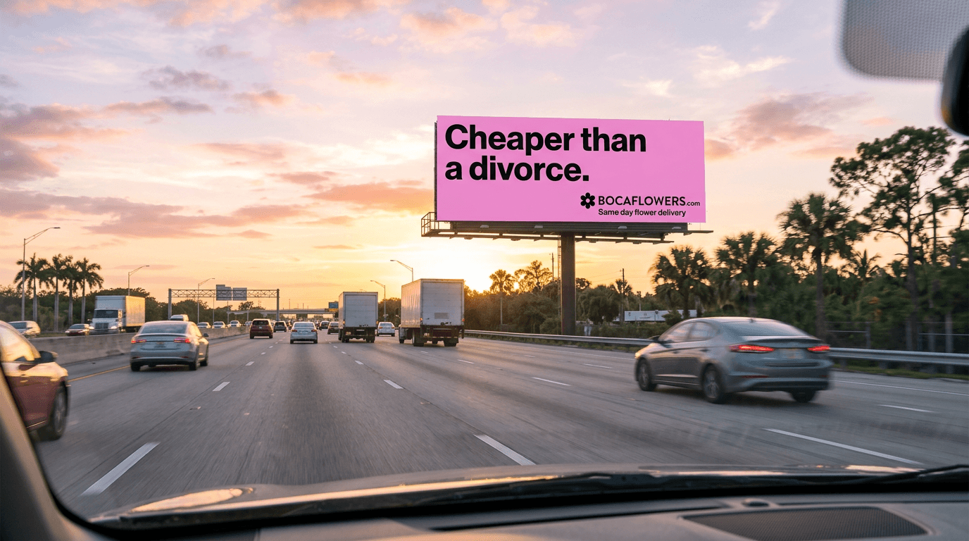 Pink BOCAFLOWERS.com billboard over I-95 at sunset reading 'Cheaper than a divorce. Same day flower delivery.'