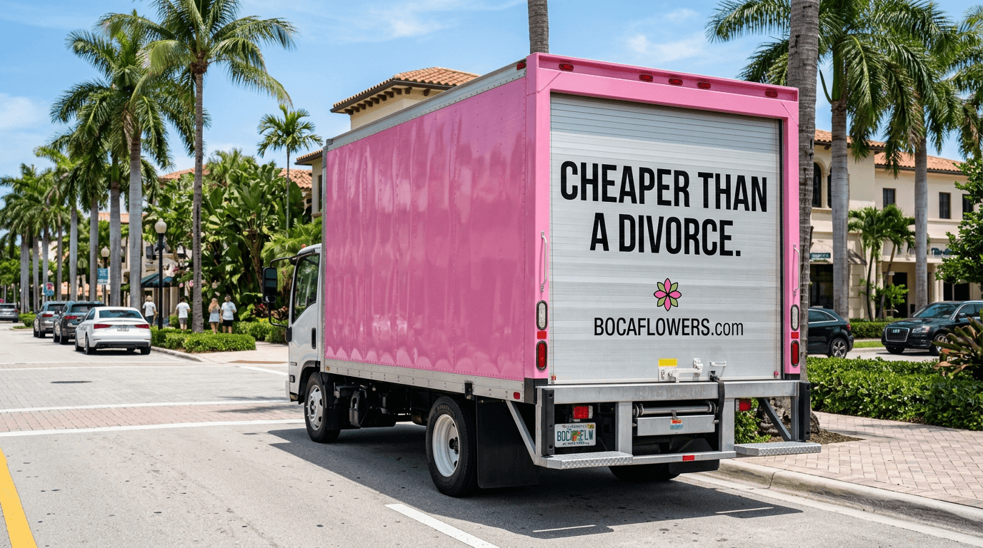 Pink BOCAFLOWERS.com box truck in a mansion driveway reading 'Send flowers. Cheaper than a divorce.'