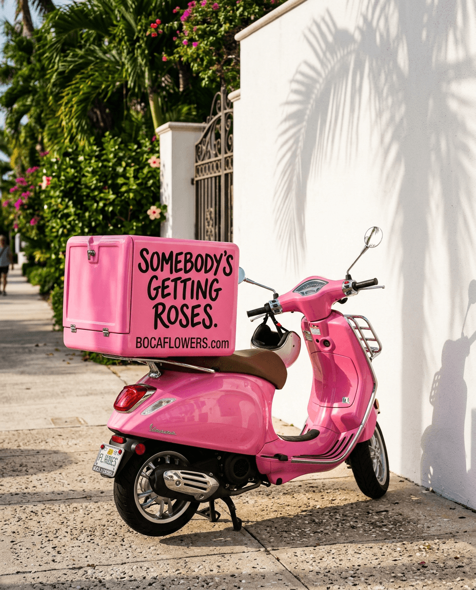 A pink Boca Flowers scooter by a white wall, its box reading: Somebody's getting roses today