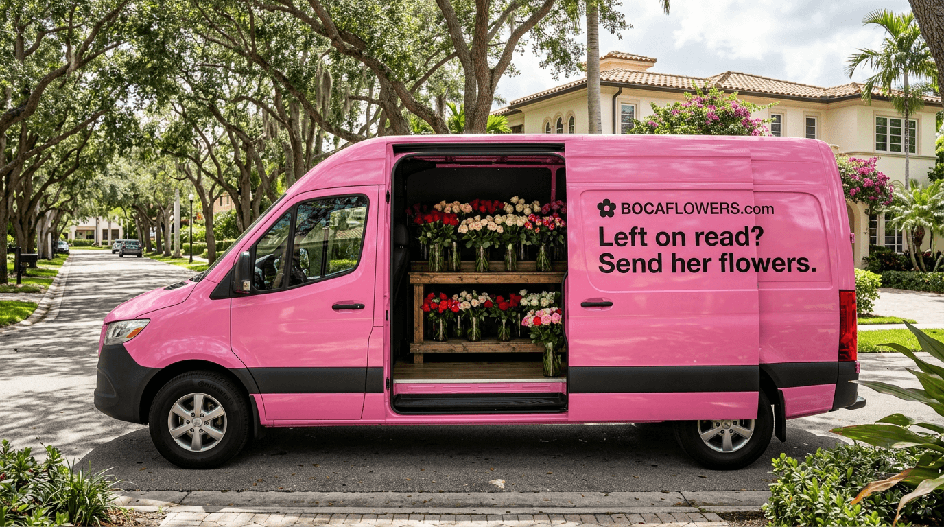 A pink BOCAFLOWERS.com Sprinter van with its side door open, shelves inside lined with wrapped rose bouquets