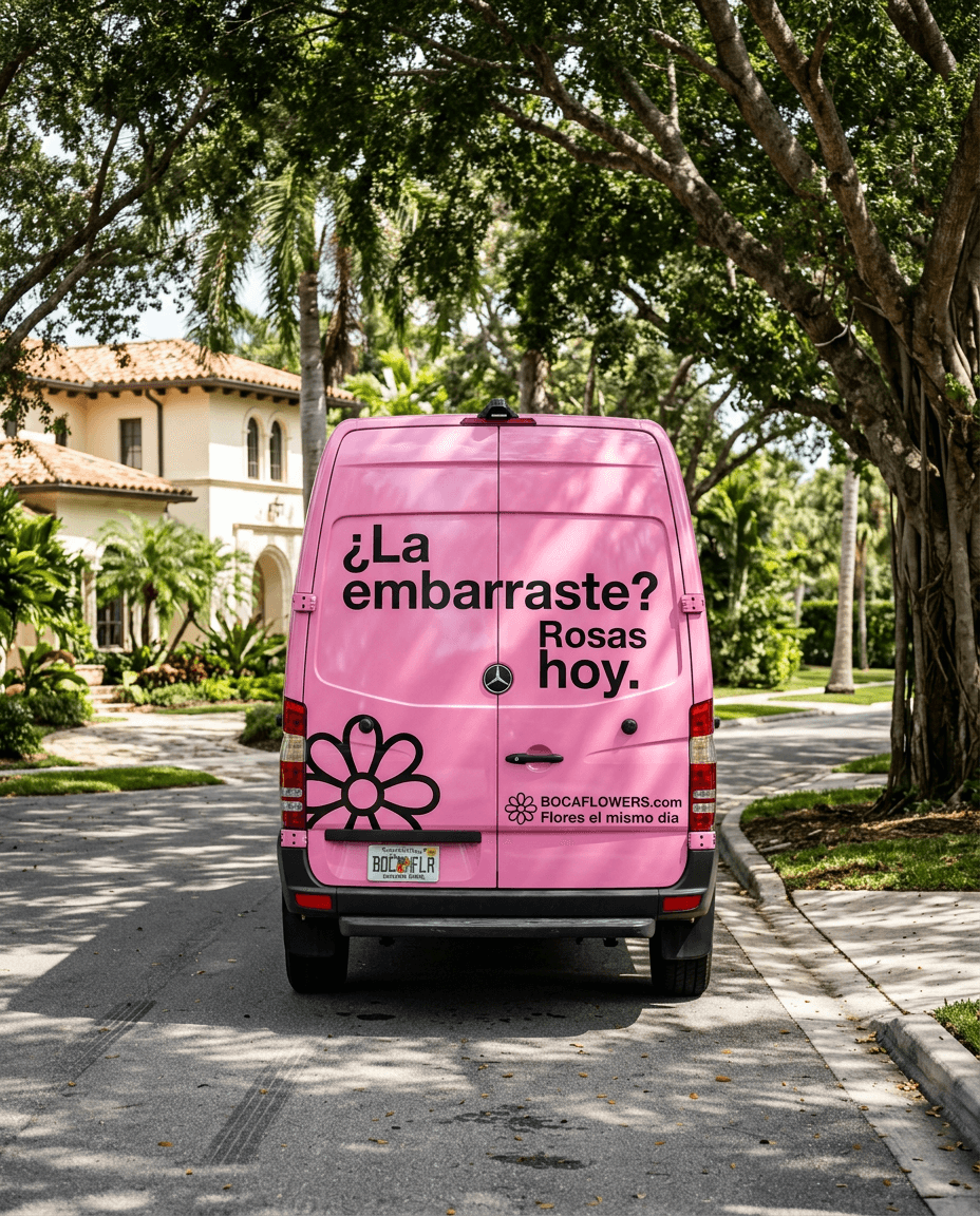 Puertas traseras de una camioneta rosada de BOCAFLOWERS.com que dicen '¿La embarraste? Rosas hoy. Flores el mismo día.'