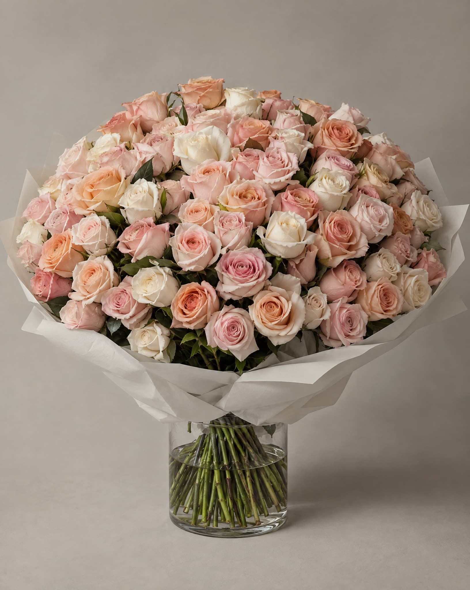 One hundred blush, peach and cream roses in a wide domed bouquet wrapped in white tissue in a clear glass vase