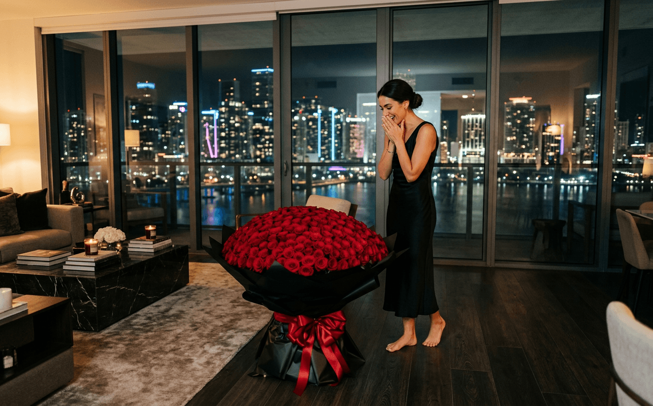 A woman in a black dress with her hands over her mouth beside three hundred red roses in black paper, in a penthouse overlooking the city lights at night