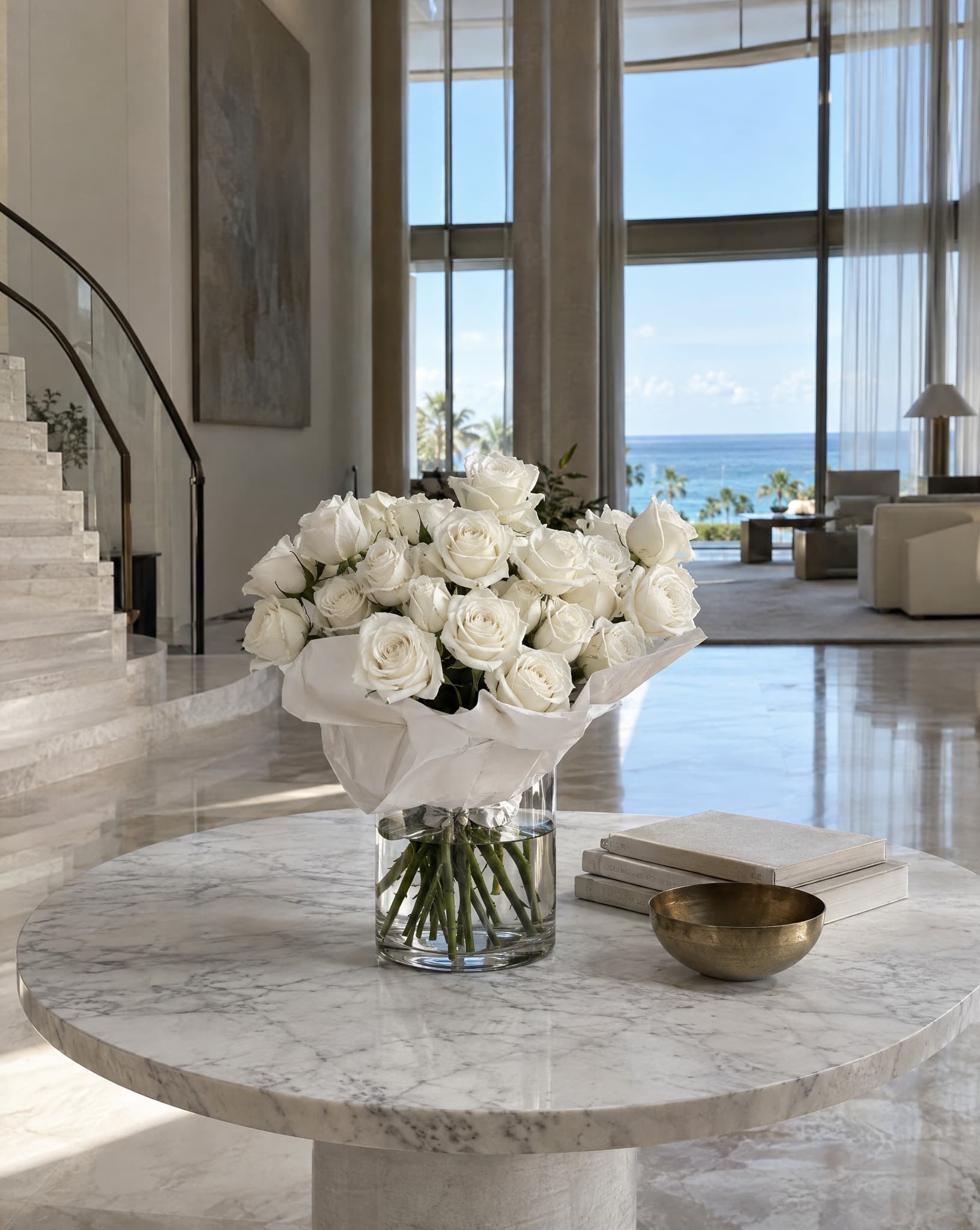 White roses in a glass vase on a marble table in an oceanfront condo lobby