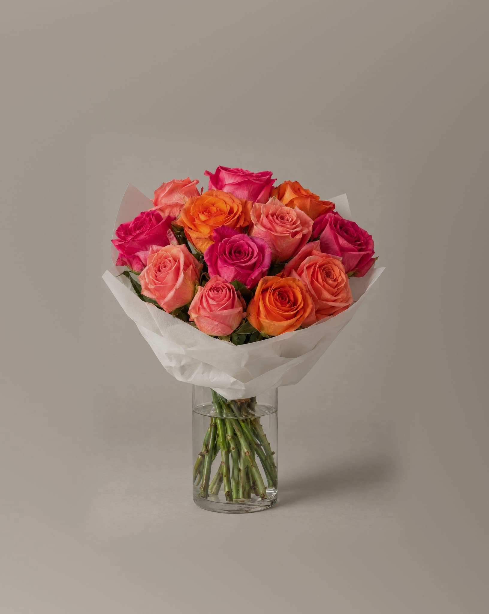 A dozen hot pink, coral and orange roses hand-wrapped in white paper, standing in a tall clear glass vase