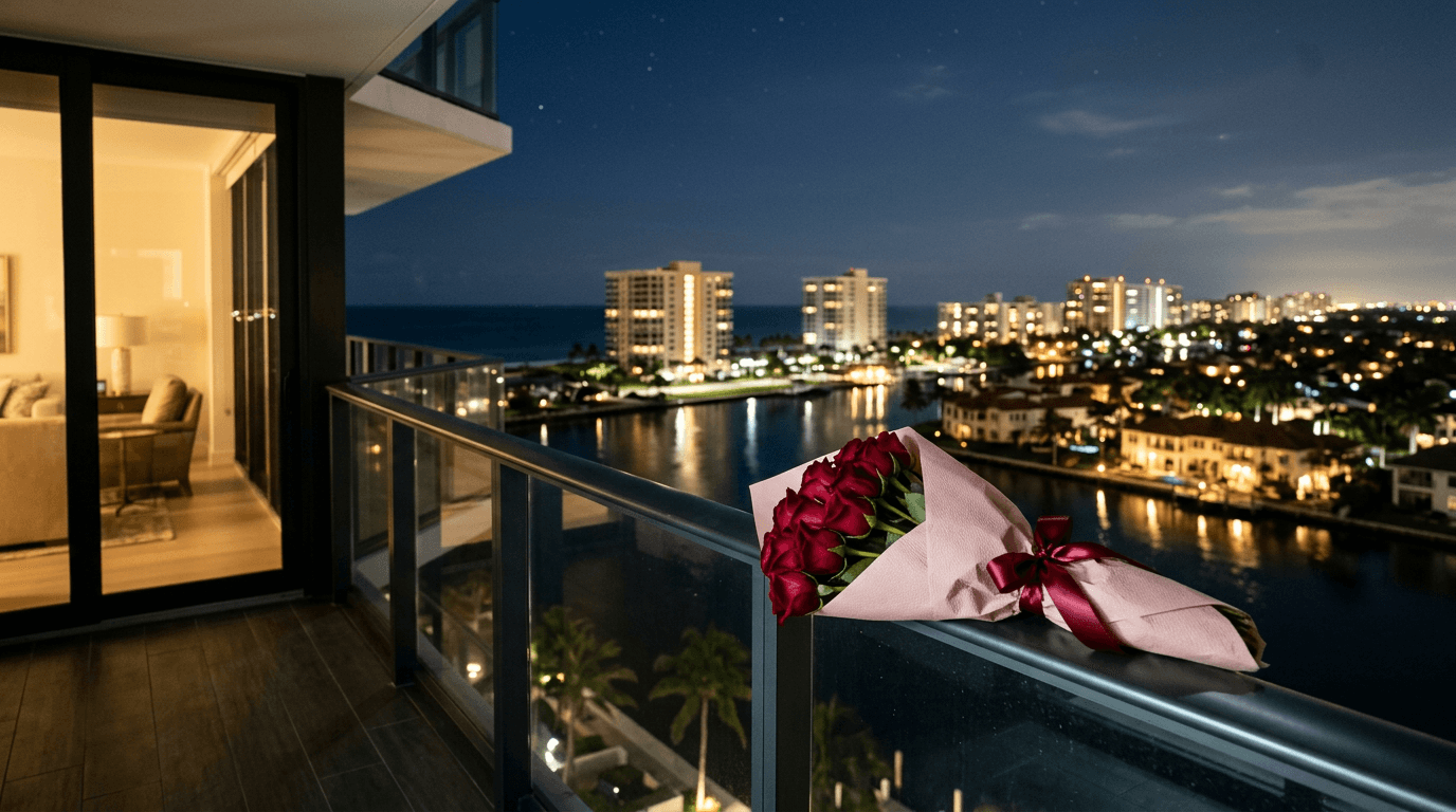 A dozen red roses on a Boca Raton balcony at night with the Intracoastal and the beach lit up behind