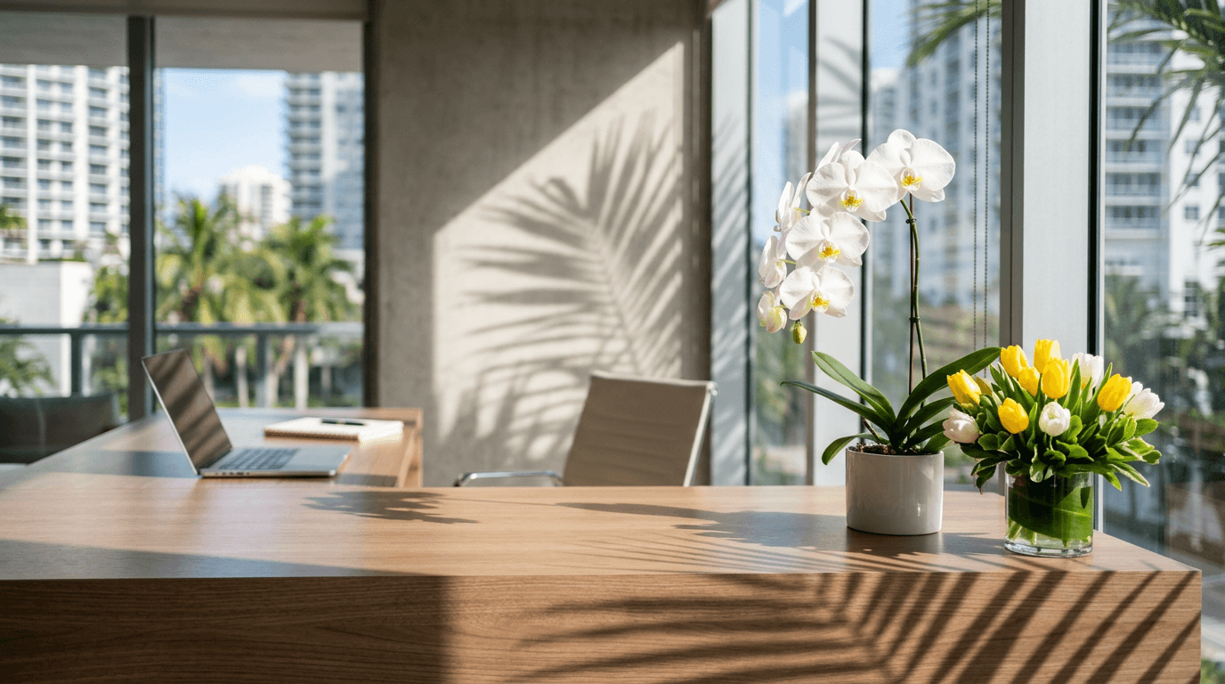 A white orchid and yellow tulips on a sunny reception desk