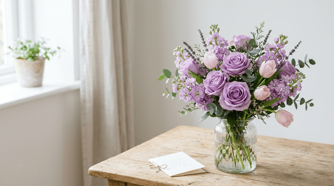 Lavender roses and pale pink tulips beside a handwritten card