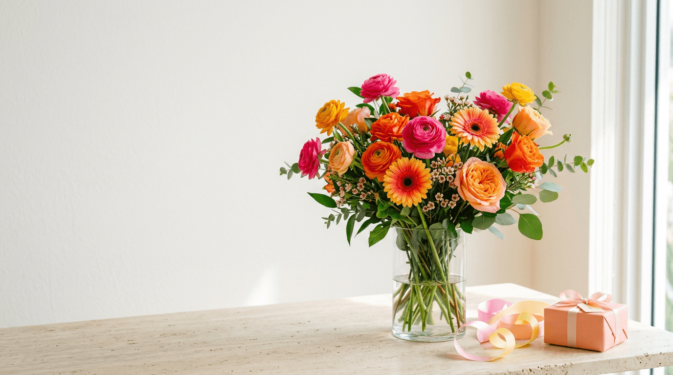 Bright pink, orange and yellow birthday bouquet beside a wrapped gift