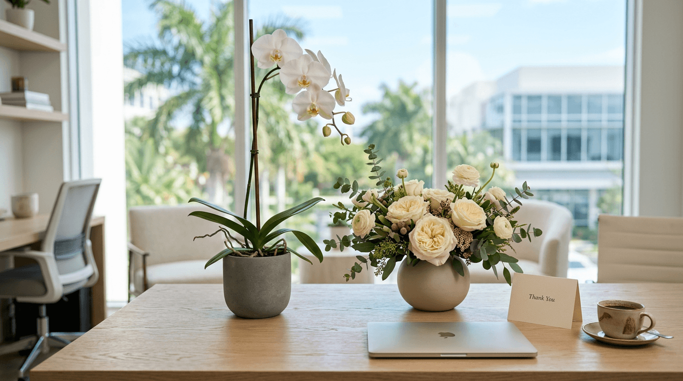 White orchid and cream roses on a desk in a bright Boca Raton office