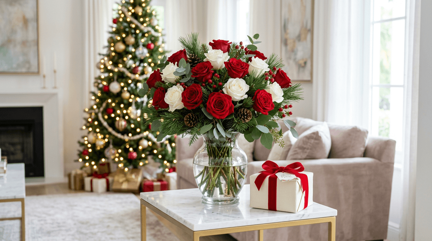 Red and white roses with pine sprigs beside a decorated Christmas tree