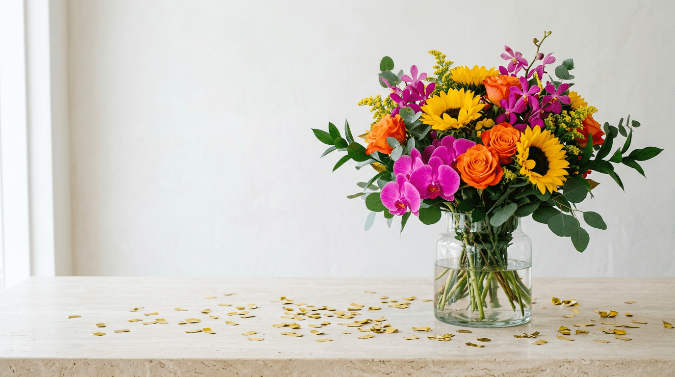 Sunflowers, orange roses and magenta orchids with gold confetti