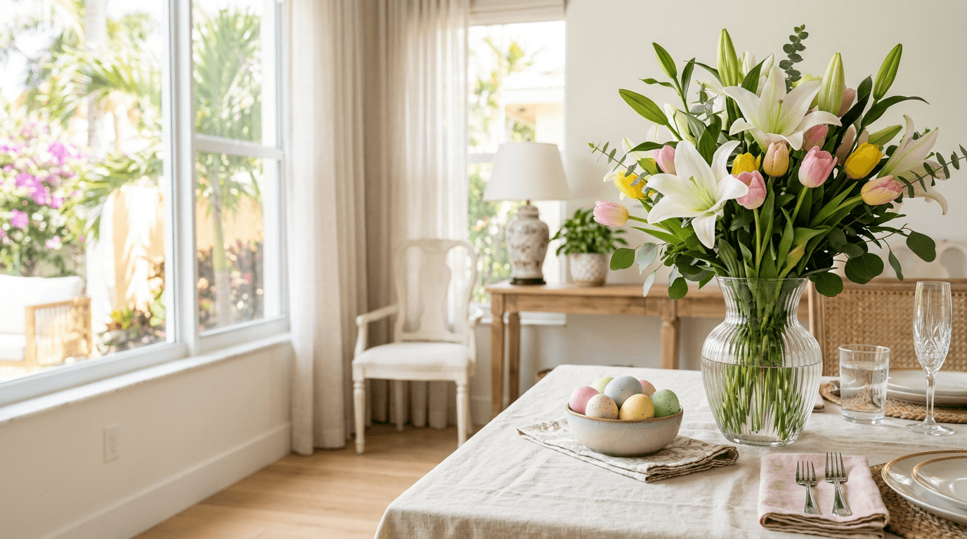 White lilies and pastel tulips on a spring brunch table