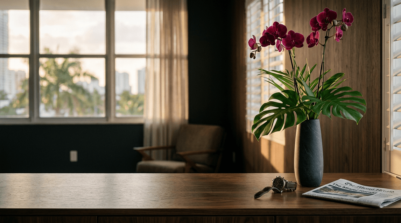 Magenta orchids and monstera leaves in a stone vase on a walnut sideboard