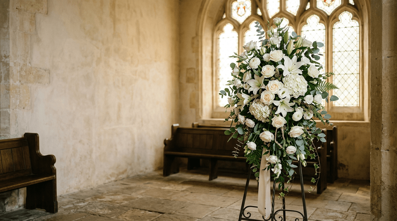 White roses and lilies with eucalyptus on an easel in a softly lit chapel