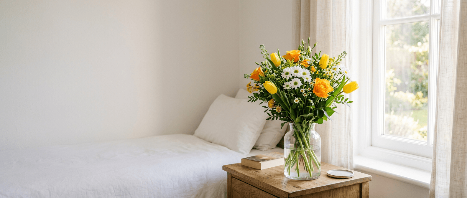 Yellow tulips and daisies on a bedside table by a sunny window