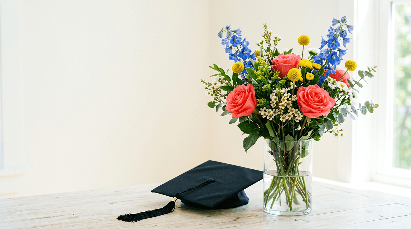 Coral roses and blue delphinium beside a graduation cap