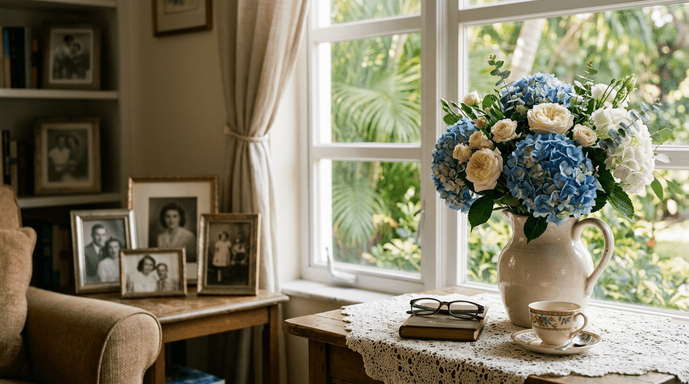 Blue hydrangeas and cream roses in a ceramic pitcher by family photos