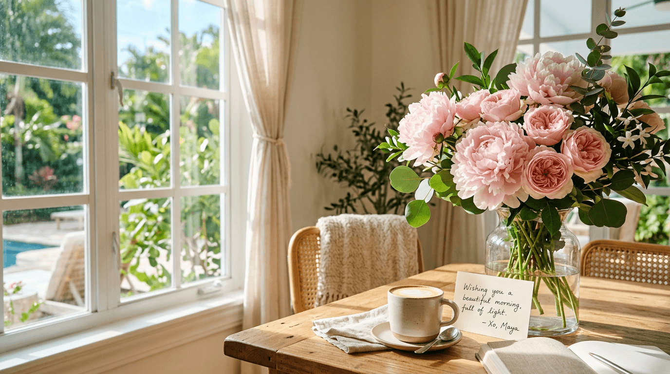 Blush peonies and pink garden roses on a sunlit breakfast table