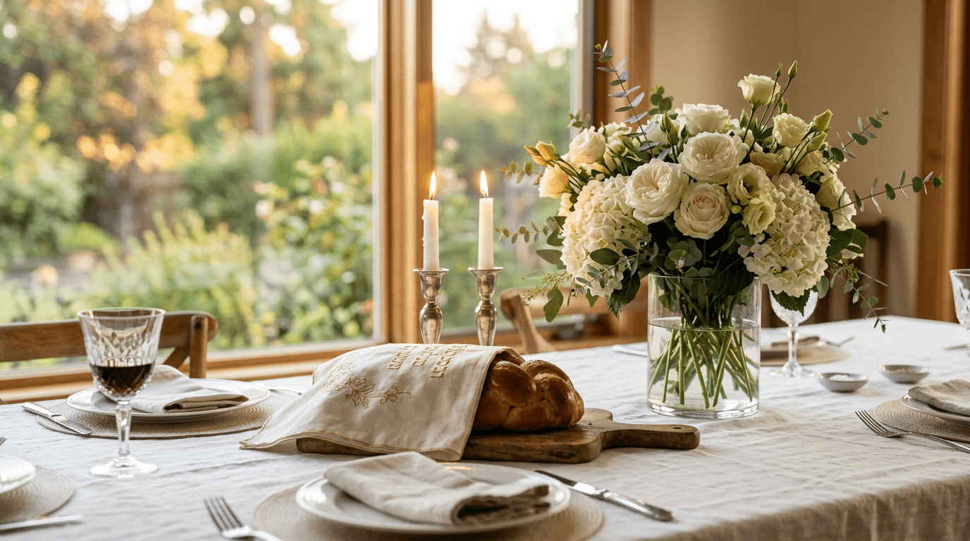 White roses and hydrangea beside challah and lit Shabbat candles