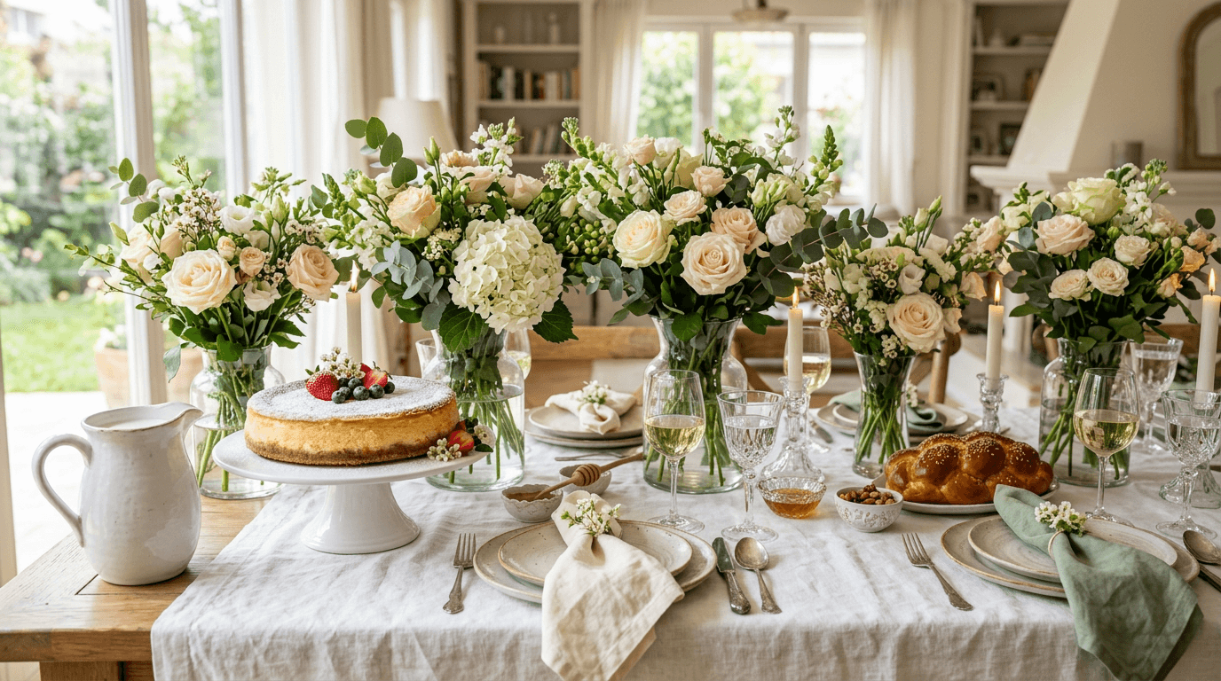Abundant cream roses and white hydrangeas on a Shavuot table