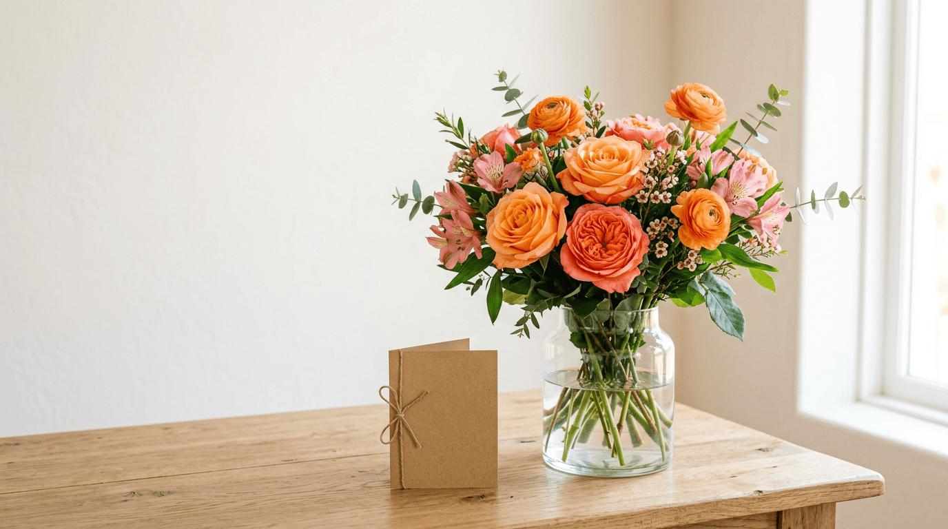 Peach roses and orange ranunculus beside a thank-you card