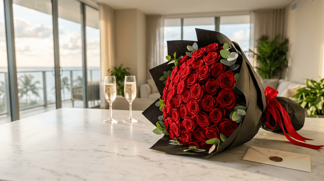 Red roses wrapped in black paper with a red ribbon beside two glasses of champagne in a Boca Raton apartment