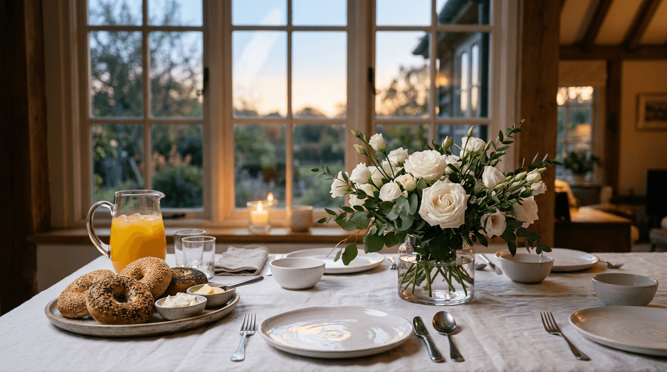 White roses with eucalyptus on a break-fast table in evening light