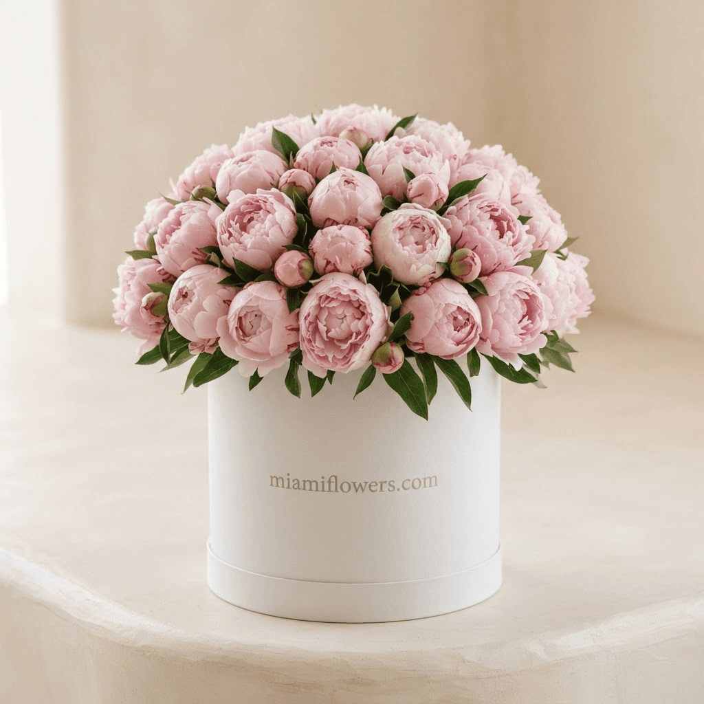 Blush pink peonies domed in a tall matte white oval box printed with bocaflowers.com