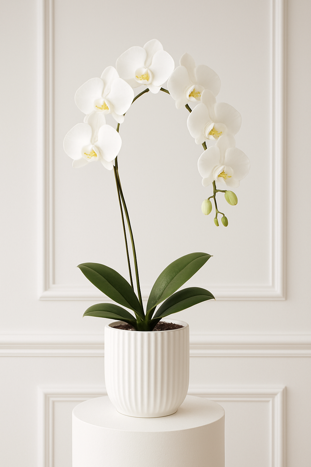 Product-only image, white orchid in a white textured ceramic pot on a pedestal, white background.